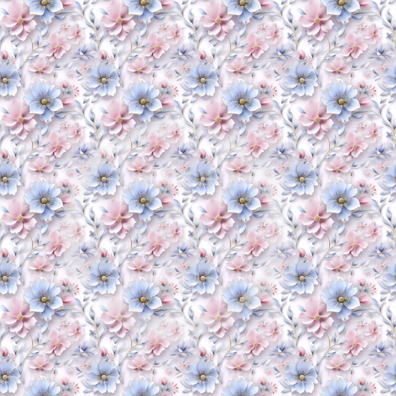 May include: A seamless pattern featuring pink and blue flowers with white outlines on a white background.