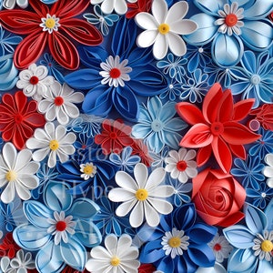 Motivo floreale 3D rosso, bianco e blu senza soluzione di continuità 2 - Sublimazione e stampa - PNG 300 dpi - file affiancati e non affiancati - colori patriottici - uso comm