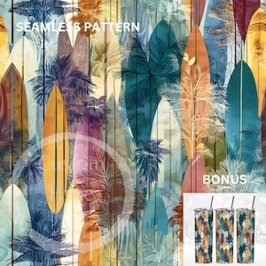 May include: Seamless pattern featuring colorful surfboards and palm trees in shades of blue, orange, and yellow. The text "SEAMLESS PATTERN" is at the top, and "BONUS" is at the bottom. The image includes a bonus of three tumblers with the same design.