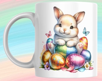 Easter Mug Wrap - Watercolour Bunny sitting on Easter Eggs - 11oz & 15oz templates - 300dpi Png - transparent backgrounds - comm. use