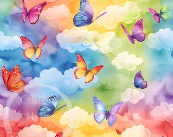Rainbow Watercolour Butterflies Seamless Pattern - Sublimation and Print - 300dpi PNG - nursery decor, kid's fabric , rainbow watercolour