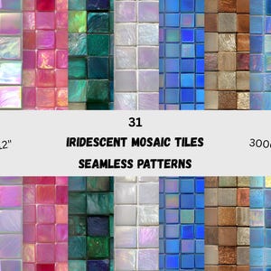 Puede incluir: Una colección de 31 patrones sin costuras de mosaicos iridiscentes. Cada mosaico mide 30,48 cm x 30,48 cm y presenta un diseño cuadrado con una variedad de colores, incluyendo azul, verde, rosa y naranja. La imagen también incluye el texto "300dpi PNG".