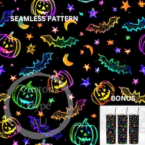Helles Neon Doodle Halloween Muster - Sublimation und Druck - 300dpi PNG - Halloween, Neon Kürbisse, Fledermäuse, Neon Halloween Design