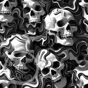 Pode incluir: Um padrão abstrato preto e branco com vários crânios brancos. Os crânios são sobrepostos e parecem flutuar em um padrão de redemoinho, semelhante a um líquido.