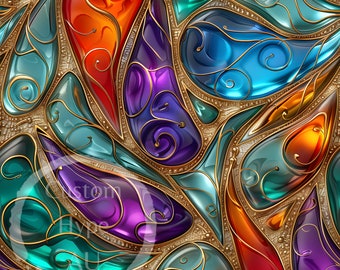 Patrón Paisley sin costuras de vidrio colorido - Sublimación e impresión - PNG de 300 ppp - Papel digital, regalo para ella, impresión en tela, decoración del hogar