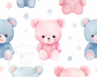 Pastel Blue & Pink Teddy Bears Seamless Pattern for Sublimation and Print - 300dpi PNG - 12x12 - gender reveal - baby shower - nursery