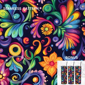 Vibrant Rainbow Abstract Floral on Black Seamless Pattern - Sublimation ...