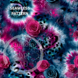 May include: Seamless pattern design featuring a tie-dye effect in shades of blue, pink, and purple, with a leopard print overlay and roses. The text "SEAMLESS PATTERN" and "Custom Hype AU" are visible.