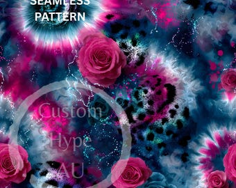 Moody Leopard Print Tie Dye with Roses Seamless Pattern - 300dpi PNG - leopard print, tie dye pattern, Gothic vibe, seamless design, digital