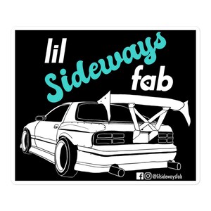 May include: A black and white illustration of a white car with a large rear wing. The car has a teal blue text overlay that says "lil sideways fab" and a social media handle.