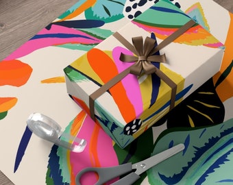 Andy Warhol Inspiration with Black and White Polka Dots, Zebra Stripes, and Orange and Pink Rain Forest Leaves Gift Wrap Papers