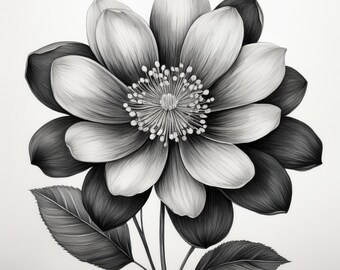 20 PNG 黒と白の花の水彩画の花のクリップアート