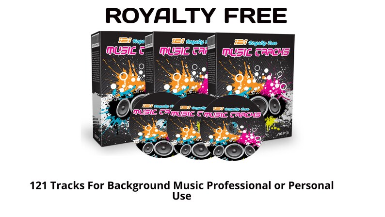 以下が含まれることがあります： カラフルなグラフィックと「121 Royalty Free Music Tracks」というテキストが書かれた黒いCDケースが3つあります。ケースは積み重ねられています。同じグラフィックが描かれたCDが3つ、ケースの前にあります。「121 Tracks For Background Music Professional or Personal Use」というテキストが画像の下にあります。