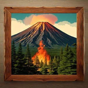 Printable Art Fiery Volcano & Tree Landscape