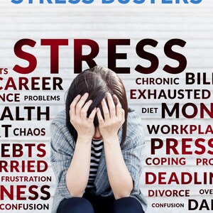 May include: A person with their head in their hands, sitting on a white tiled surface. The word "STRESS" is written in large red letters at the top of the image. Below the word "STRESS" are a list of words in red, including "career", "health", "debts", "married", "frustration", "confusion", "overloaded", "chronic bills", "exhausted", "diet", "money", "workplace", "pressure", "coping problems", "deadlines", "divorce", "overwhelmed", "confusion", "daily", and "failure".