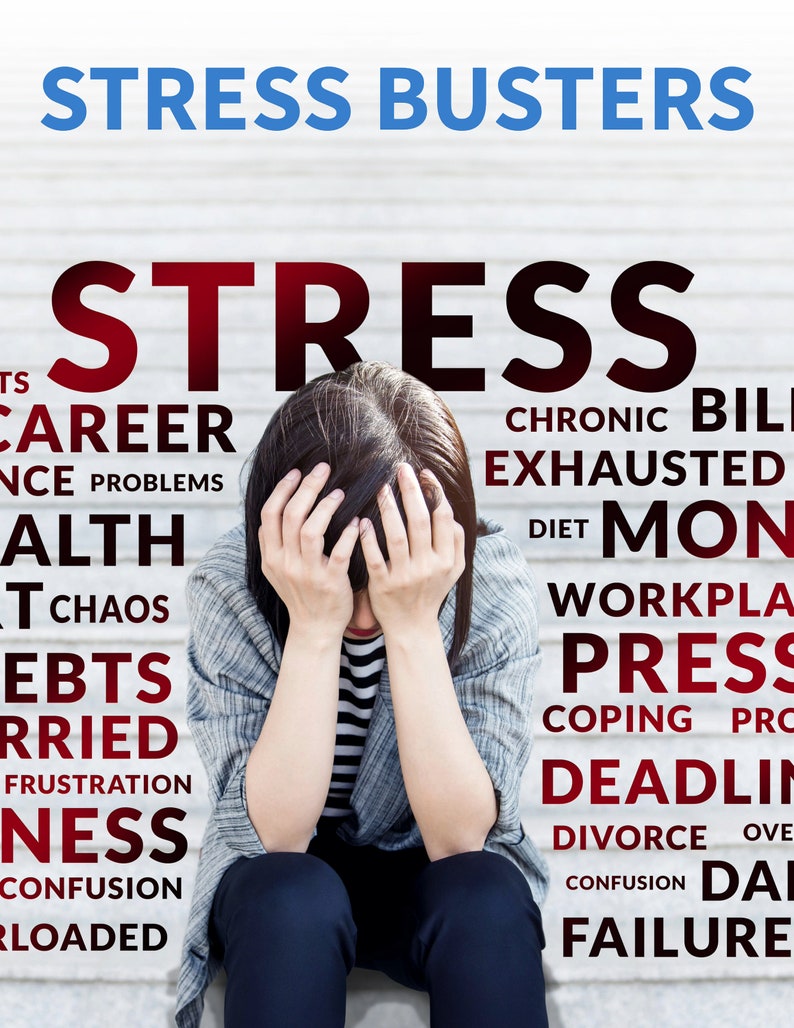 May include: A person with their head in their hands, sitting on a white tiled surface. The word "STRESS" is written in large red letters at the top of the image. Below the word "STRESS" are a list of words in red, including "career", "health", "debts", "married", "frustration", "confusion", "overloaded", "chronic bills", "exhausted", "diet", "money", "workplace", "pressure", "coping problems", "deadlines", "divorce", "overwhelmed", "confusion", "daily", and "failure".