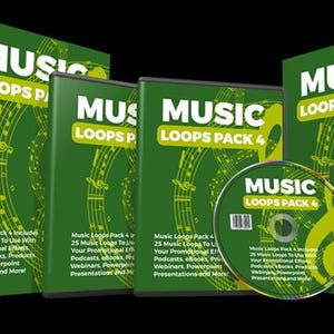 Puede incluir: Una colecci&oacute;n de cajas verdes, estuches de CD y un CD con la etiqueta "MUSIC LOOPS PACK 4". El embalaje presenta texto blanco y gr&aacute;ficos de notas musicales. El texto en el embalaje dice: "25 Music Loops para usar con sus efectos promocionales, podcasts, libros electr&oacute;nicos, seminarios web, presentaciones de PowerPoint y m&aacute;s!"