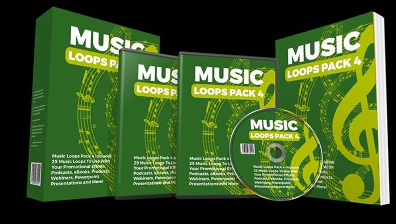 Puede incluir: Una colecci&oacute;n de cajas verdes, estuches de CD y un CD con la etiqueta "MUSIC LOOPS PACK 4". El embalaje presenta texto blanco y gr&aacute;ficos de notas musicales. El texto en el embalaje dice: "25 Music Loops para usar con sus efectos promocionales, podcasts, libros electr&oacute;nicos, seminarios web, presentaciones de PowerPoint y m&aacute;s!"