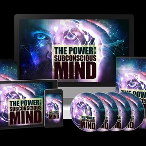 Puede incluir: Una maqueta de producto que muestra varios formatos de un producto digital titulado "The Power of the Subconscious Mind". La maqueta incluye una computadora de escritorio, una tableta, un teléfono inteligente y estuches de DVD, todos con un diseño similar con un fondo azul y morado y un primer plano de un ojo.