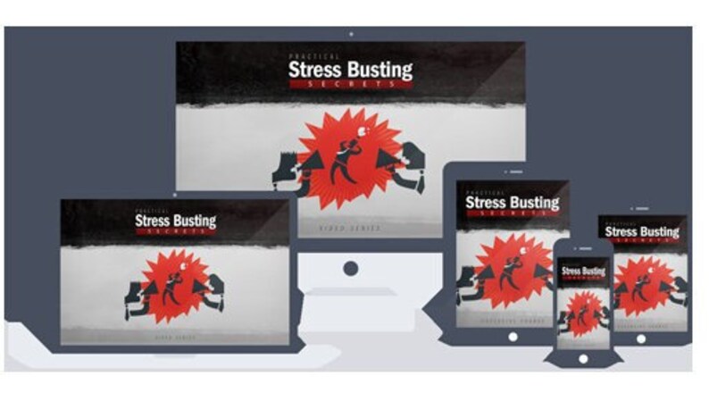 May include: A digital marketing image showing a computer screen, tablet, and phone, all displaying the same graphic. The graphic is a red starburst with a black silhouette of a person holding a megaphone. The text "Stress Busting Secrets" is displayed on each device.