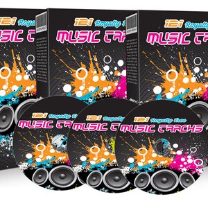 以下が含まれることがあります： カラフルな飛び散った塗料のデザインが施された黒いCDケースが3つあります。ケースの前には「121 Royalty Free Music Tracks」というテキストが書かれています。ケースの右下には「MP3」というテキストがあります。