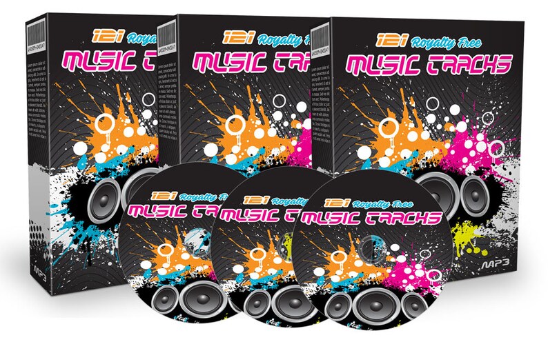 以下が含まれることがあります： カラフルな飛び散った塗料のデザインが施された黒いCDケースが3つあります。ケースの前には「121 Royalty Free Music Tracks」というテキストが書かれています。ケースの右下には「MP3」というテキストがあります。