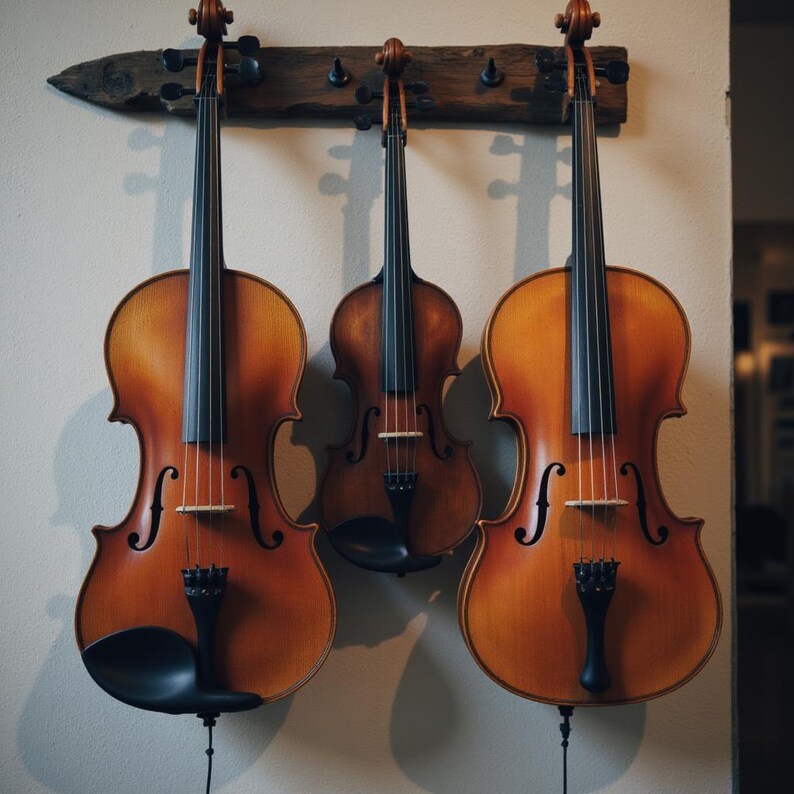 Puede incluir: Tres violines de diferentes tama&ntilde;os est&aacute;n montados en un estante de madera contra una pared clara. Los violines tienen un acabado marr&oacute;n rojizo c&aacute;lido con detalles negros. Los instrumentos est&aacute;n suspendidos por cuerdas negras.