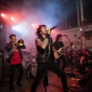 Puede incluir: Una banda en vivo actuando en el escenario bajo luces rojas y azules. El cantante principal, con tatuajes y un chaleco de cuero, canta en un micr&oacute;fono. Tambi&eacute;n se ven un trombonista y un guitarrista, junto con un baterista y una audiencia.