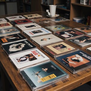 Puede incluir: Una colecci&oacute;n de discos compactos con varias portadas de &aacute;lbumes expuestas sobre una mesa de madera. Los CD est&aacute;n en estuches de pl&aacute;stico transparente, y las portadas presentan una variedad de im&aacute;genes y colores. Una taza de caf&eacute; blanca con un asa en forma de p&aacute;jaro est&aacute; en el fondo.