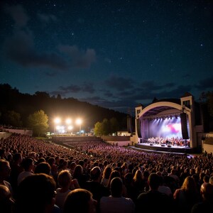 Puede incluir: Un recinto de conciertos al aire libre por la noche, lleno de una gran multitud de personas. El escenario est&aacute; iluminado con luces brillantes y una banda est&aacute; actuando. El cielo nocturno es visible con estrellas y nubes.