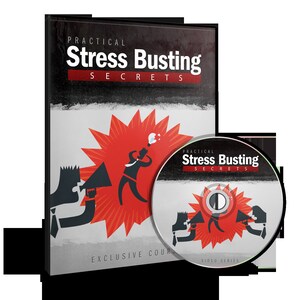 May include: A DVD case and disc with a red and white illustration of a person being overwhelmed by a megaphone. The text on the case and disc reads "Practical Stress Busting Secrets" and "Exclusive Course Video Series".