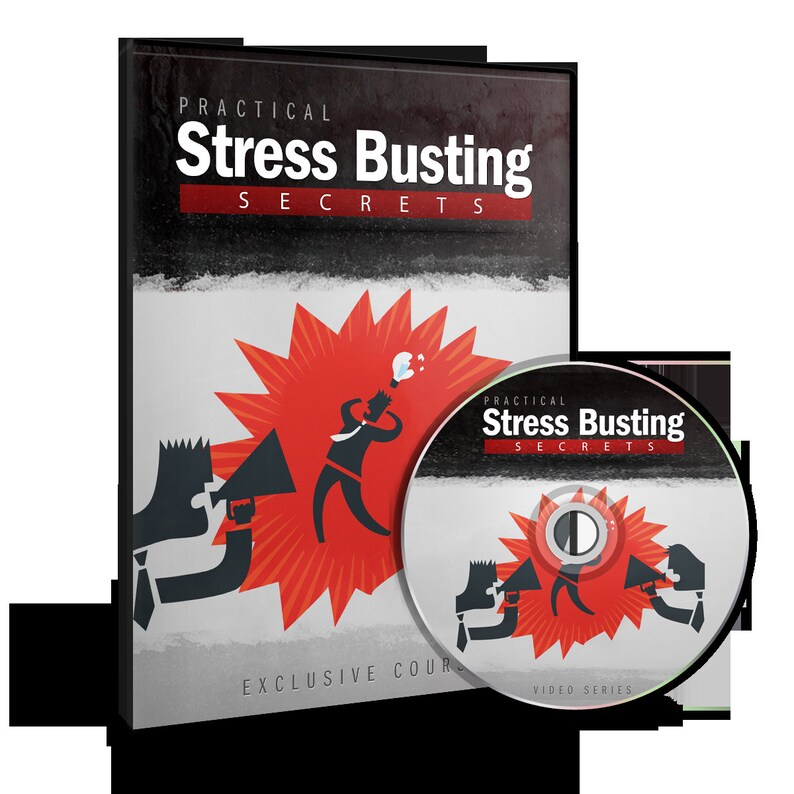 May include: A DVD case and disc with a red and white illustration of a person being overwhelmed by a megaphone. The text on the case and disc reads "Practical Stress Busting Secrets" and "Exclusive Course Video Series".