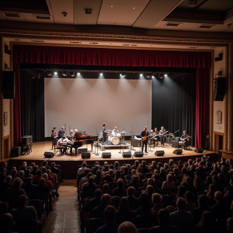 Puede incluir: Una actuaci&oacute;n musical en vivo en un escenario con una banda tocando instrumentos, incluyendo un piano, bater&iacute;a y guitarras. El escenario est&aacute; iluminado con focos y tiene un tel&oacute;n de fondo rojo. El p&uacute;blico est&aacute; sentado frente al escenario.