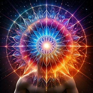 Puede incluir: Un diseño de mandala abstracto y colorido con un centro brillante, rodeado por la cabeza y los hombros de una persona. El mandala está formado por patrones y formas intrincadas en tonos de azul, rojo, naranja, amarillo y morado.