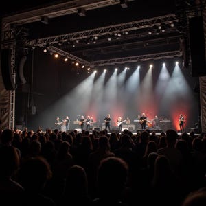Puede incluir: Un concierto de m&uacute;sica en vivo con una banda actuando en el escenario bajo focos brillantes. El escenario est&aacute; equipado con equipos de sonido e iluminaci&oacute;n. Una gran multitud es visible en primer plano, observando la actuaci&oacute;n.