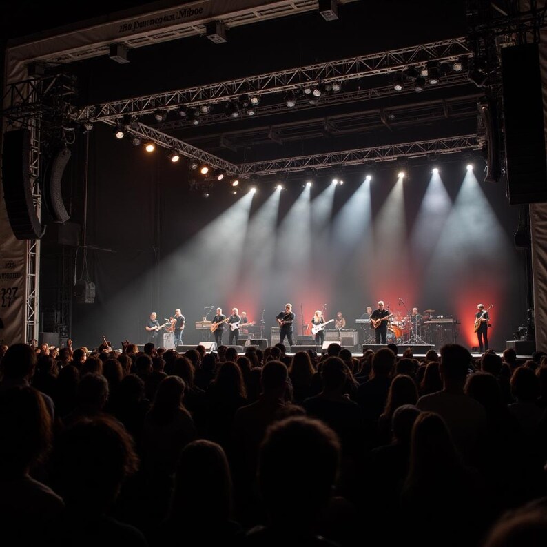 Puede incluir: Un concierto de m&uacute;sica en vivo con una banda actuando en el escenario bajo focos brillantes. El escenario est&aacute; equipado con equipos de sonido e iluminaci&oacute;n. Una gran multitud es visible en primer plano, observando la actuaci&oacute;n.
