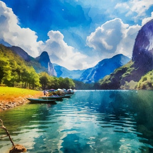 24  Watercolour Mountain lake Landscapes Printables