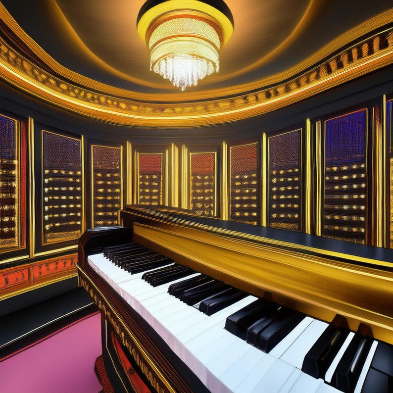 以下が含まれることがあります： 金色の縁取りが施された木製のケースと象牙の鍵盤を持つ、ビンテージスタイルのグランドピアノ。ピアノは、金色の装飾が施された部屋にあり、天井からシャンデリアが下がっている。