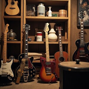 Puede incluir: Una colecci&oacute;n de guitarras el&eacute;ctricas y ac&uacute;sticas expuestas en un mueble de madera. Las guitarras var&iacute;an en color, incluyendo negro, blanco, rojo y tonos de madera natural. Estantes superiores contienen objetos decorativos. La escena evoca una sala de m&uacute;sica o tienda de instrumentos.
