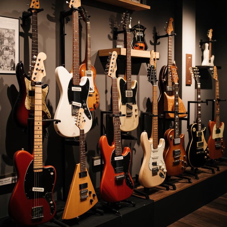 Puede incluir: Una colecci&oacute;n de guitarras el&eacute;ctricas en varios colores, incluyendo rojo, blanco y tonos de madera natural, exhibidas en una pared. Las guitarras tienen diferentes formas de cuerpo y dise&ntilde;os de clavijero, mostrando una variedad de instrumentos musicales.