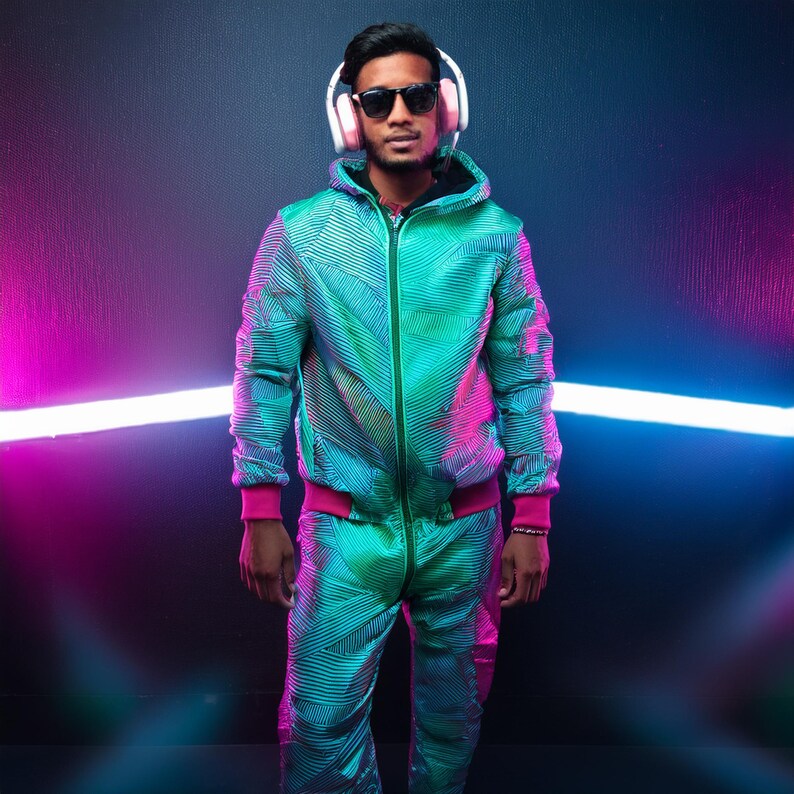 以下が含まれることがあります： 白のフード付きスウェットシャツと白いヘッドホンをつけた、緑と青の虹色のトラックスーツを着た人。その人は、ピンクと青のネオンライトがついた黒い背景の前に立っている。