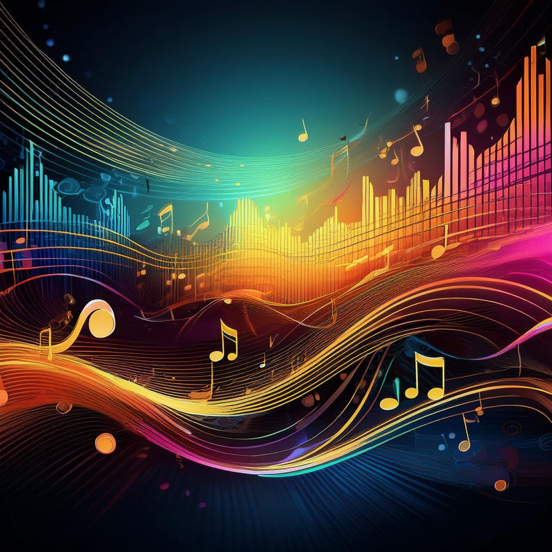 以下が含まれることがあります： カラフルな音符と音波を特徴とする抽象的なデジタルアート。背景は濃い青色で、黄色、オレンジ、赤などのグラデーションになっています。音符はスタイリッシュで、空中に浮いているように見えます。音波は、流れ、渦巻く光の線で表現されています。