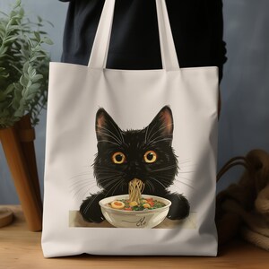 Cute Cat Eating Ramen Tote Bag, Funny Cat Lover Gift, Unique Black Cat Design, Reusable Grocery Bag, Double-sided