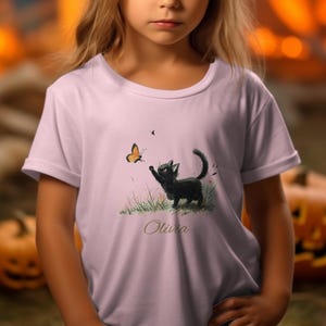 Personalized Toddler Shirt, Cute Black Cat With Butterfly Graphic, Playful Kitten T-Shirt, Adorable Feline Design Tee, Nature Inspired Shirt