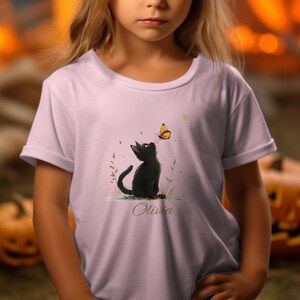 Personalized Toddler Shirt, Cute Black Cat and Orange Butterfly Design T-Shirt, Cat Lover Gift, Adorable Kitten with Butterfly Tee