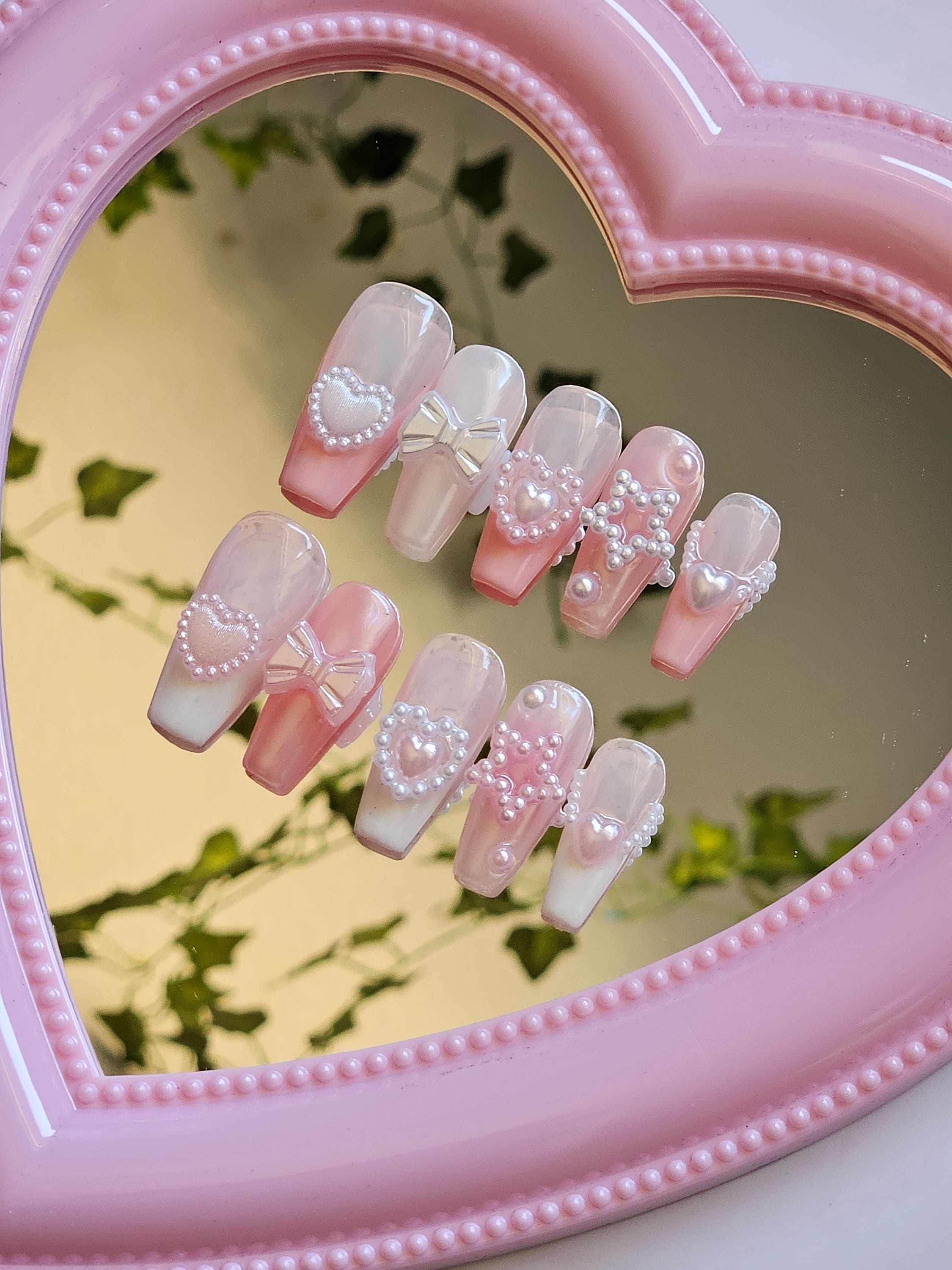 Pink Kawaii 3D Press on Nails Coquette Nails Pom Poms Pearls and Nail  Charms Nail Art Dainty Press on Nails 