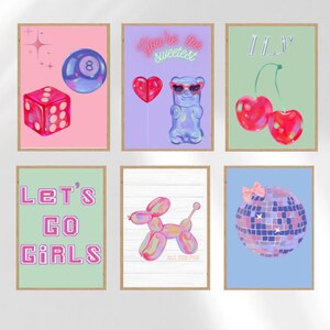 impresiones de collage de carteles de pared pop retro, impresión de pared universitaria, cartel femenino retro, perro globo de acuarela, impresión estética de 8 bolas de los años 70, retro