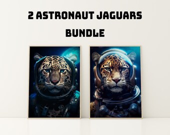 Astronaut Jaguar Portraits, Bundle of 2, Futuristic Animal Wall Art, Jaguar in Spacesuit, Funny Jaguar Art, Quirky Animal Humor, Printables