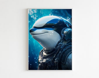 Astronaut Orca Portrait, Funny Animals Print, Orca in a Spacesuit, Space Orca Art, Quirky Animal Humor, Printables, AI Digital Art