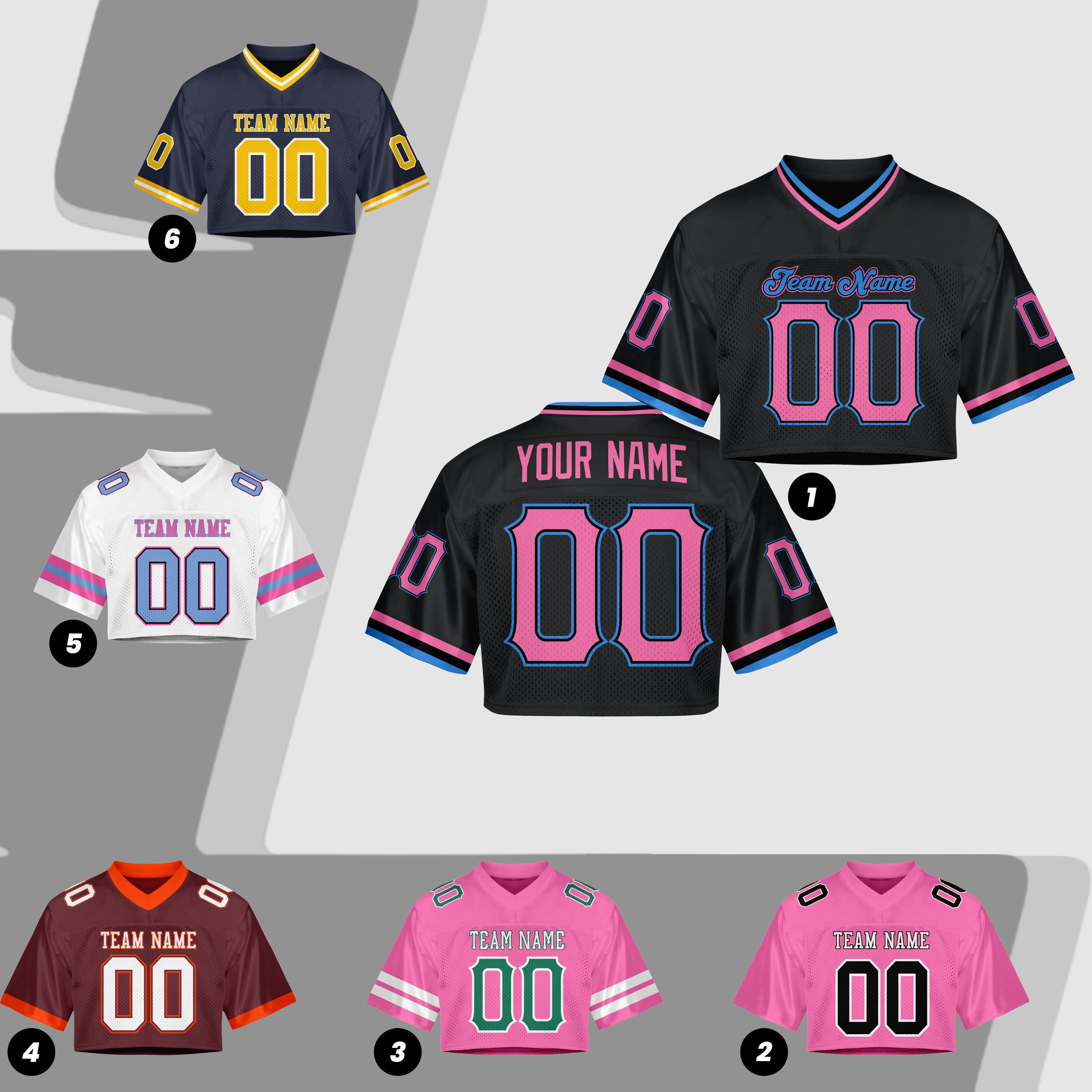 Custom Name Number Logo Cropped Black Blue Pink Football Jersey